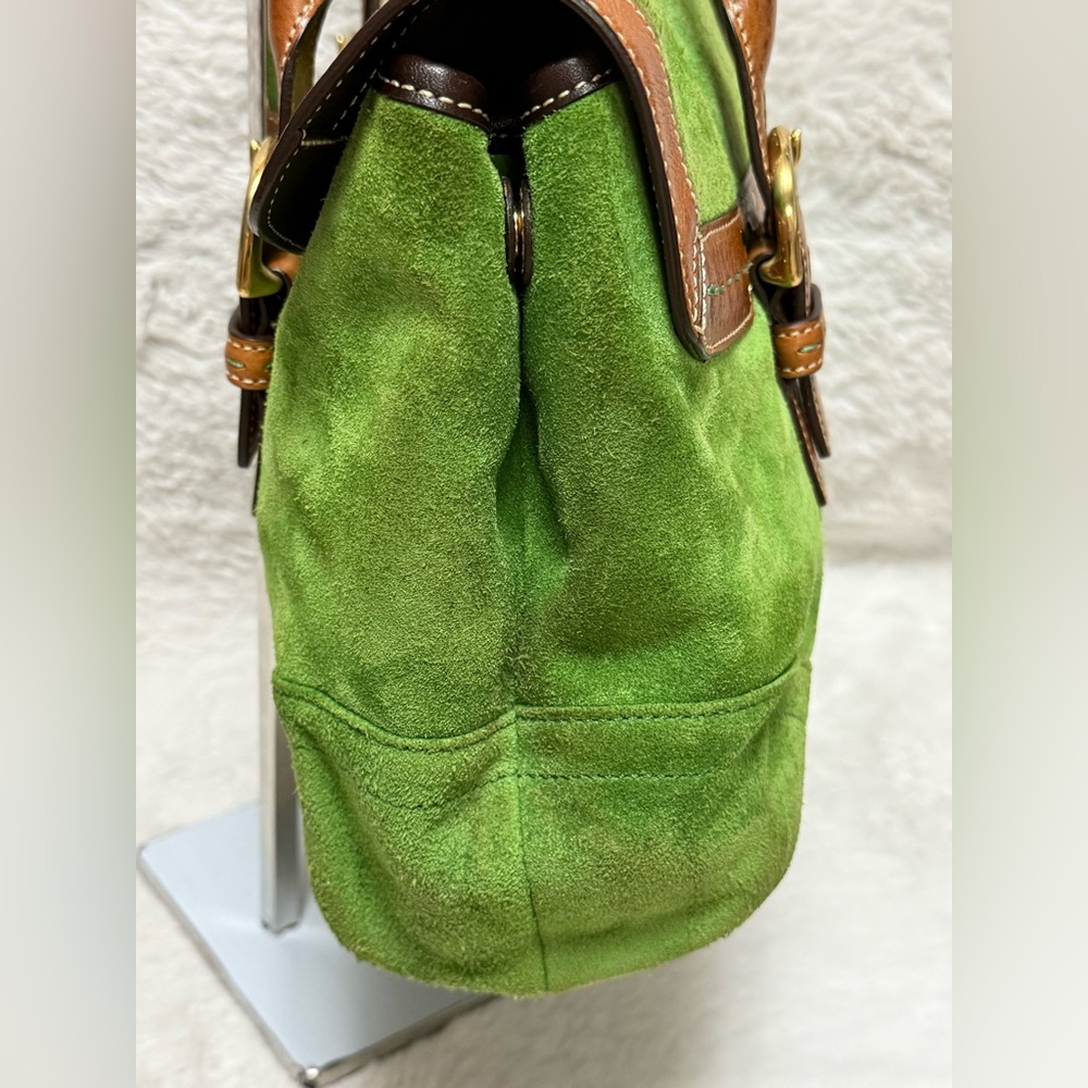 Coach Hampton Flap Satchel- Green Suede Shoulder Bag with Brown Leather Straps - Picture 6 of 14
